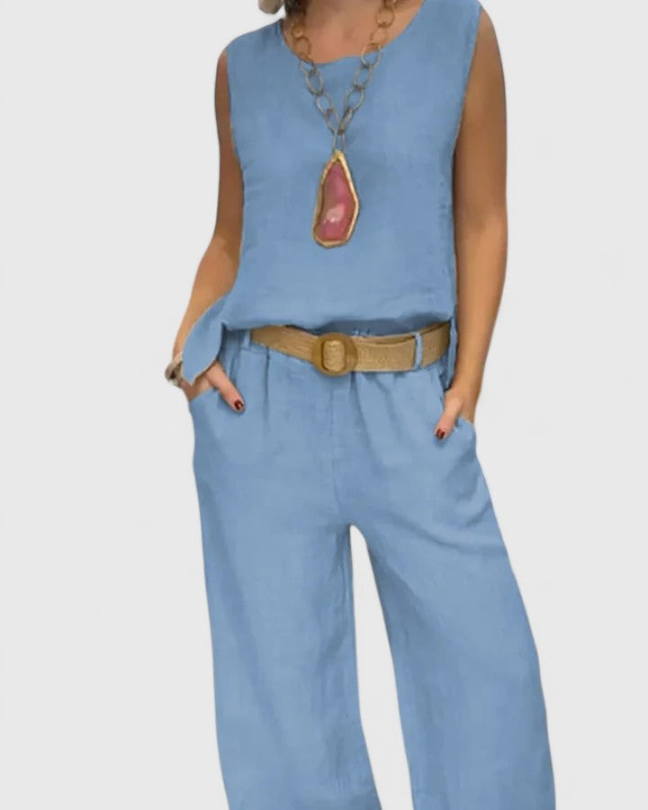 Sleeveless Tank Top Wide Leg Trouser Linen Two Piece Set