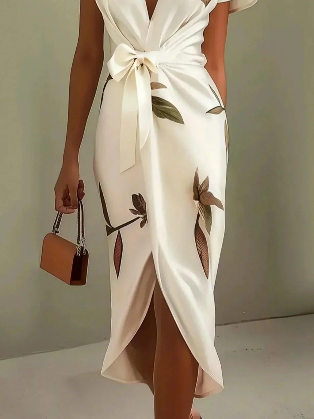 Botanical Print Flutter Sleeve Deep V Bow Tie Wrap Midi Dress