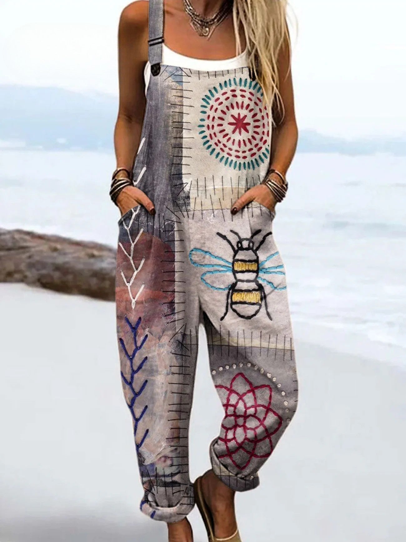 Boho Embroidery Print Adjustable Strap Bib Casual Jumpsuit