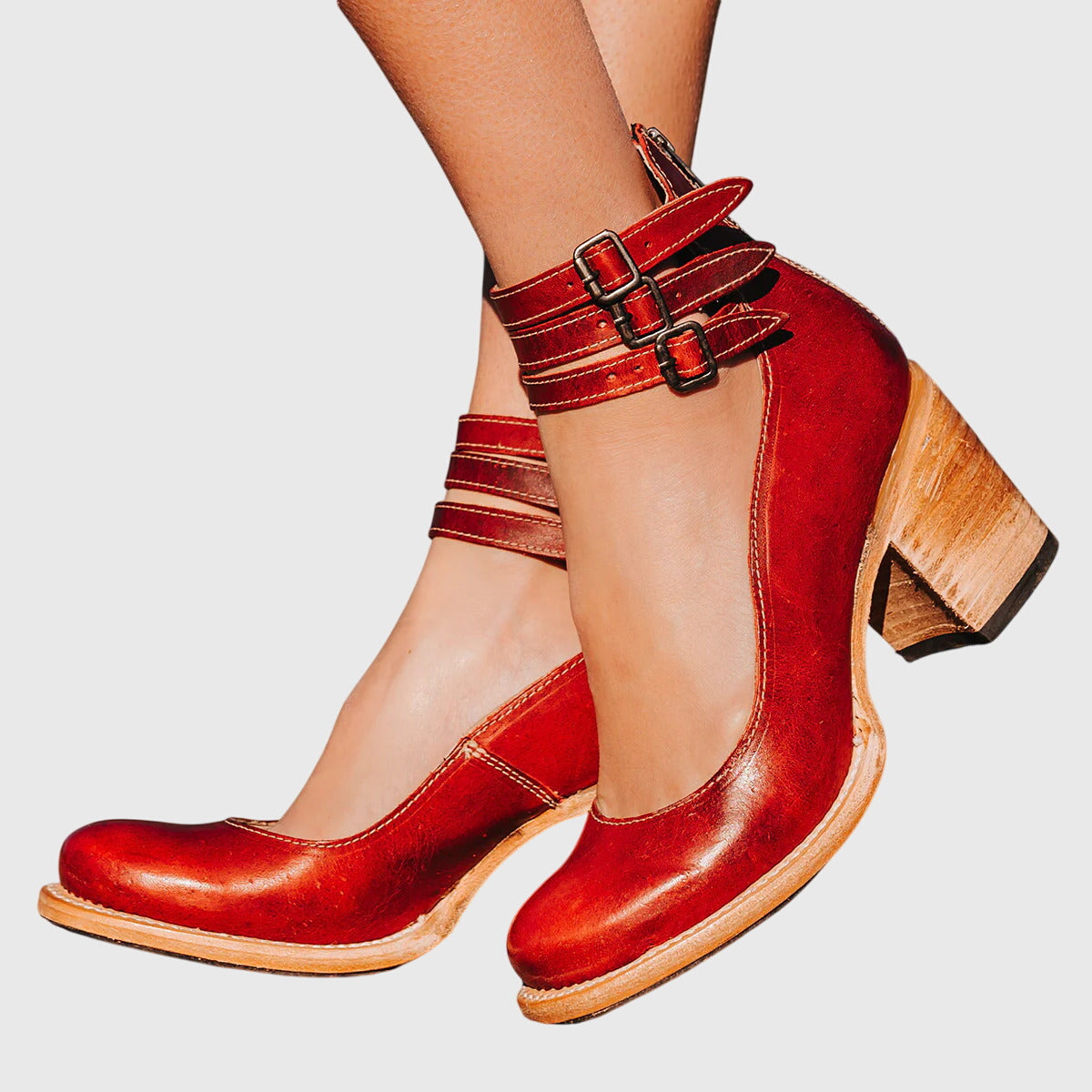 Triple Buckle Strap Distressed Leather Block Heel Boot