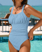 Textured Square Neck Ruched Tummy Control One Piece Swimsuit