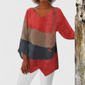 Colour Block Zigzag Stitch V-Neck Linen Tunic Top