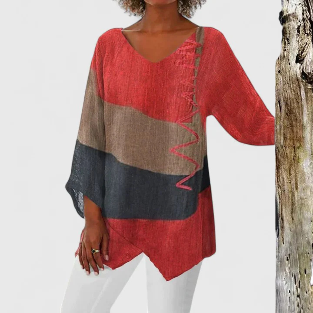 Colour Block Zigzag Stitch V-Neck Linen Tunic Top