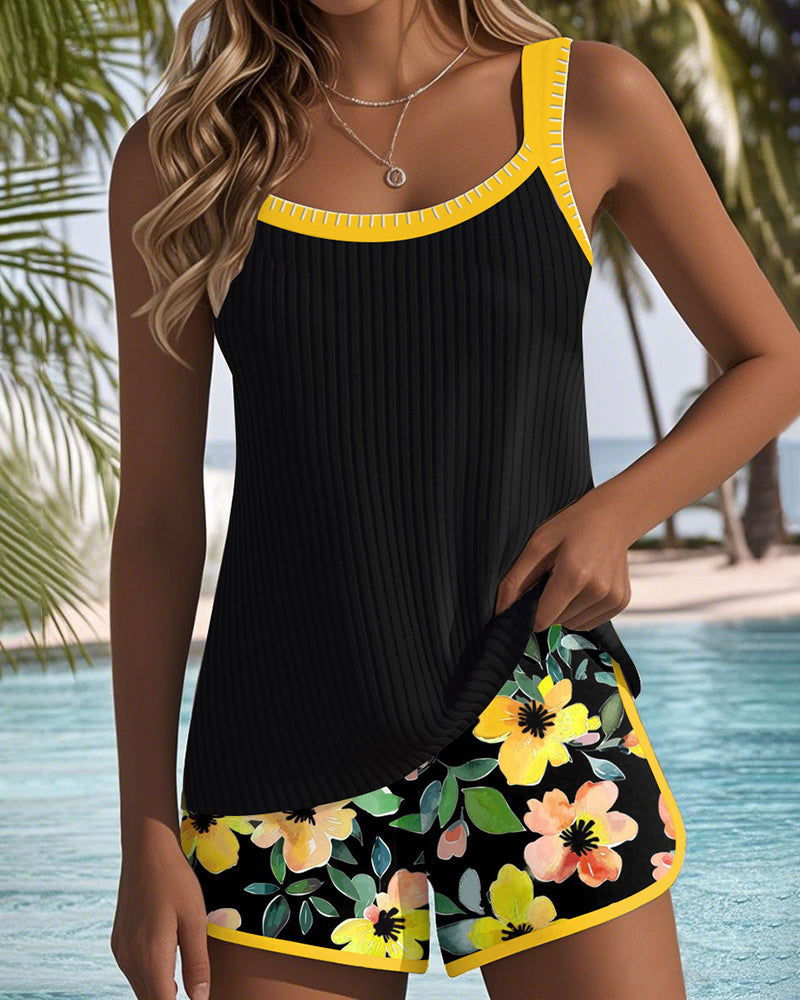 Ribbed Contrast Trim Floral Boyshort Tankini Swimsuit Set