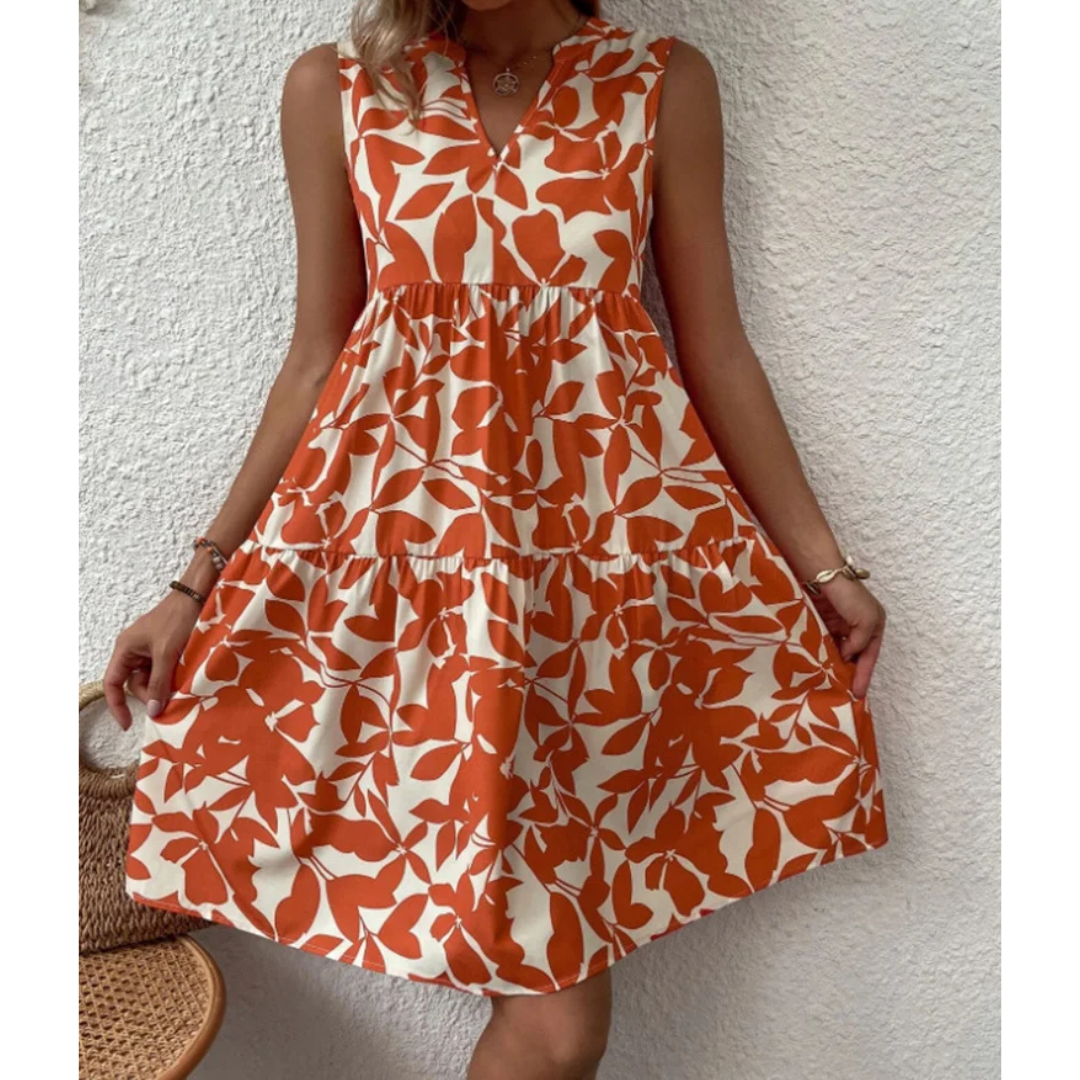Botanical Leaf Print Tiered Sleeveless V-Neck Mini Dress