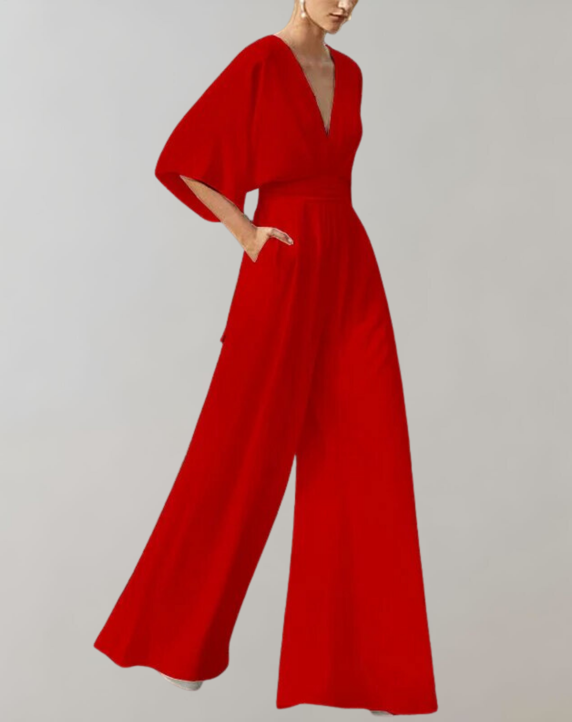 Deep V Neck Kimono Sleeve Belted Wide Leg Formal Jumpsuit