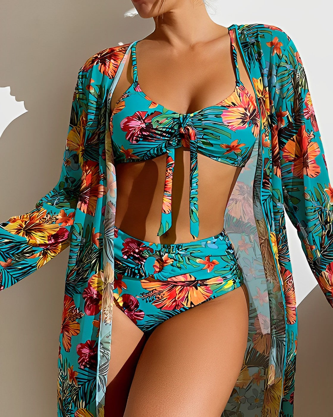 Tropical Floral Tie Front Bikini with Kimono Cover Up Set