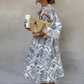 Geometric Floral Print V Neck Long Sleeve Tiered Smock Dress