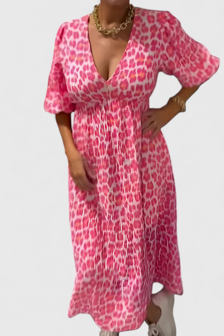 Tropical Stripe Print V Neck Puff Sleeve Empire Waist Maxi Dress