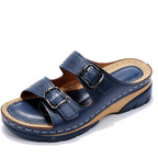 Double Buckle Strap Laser Cut Wedge Platform Slide Sandal