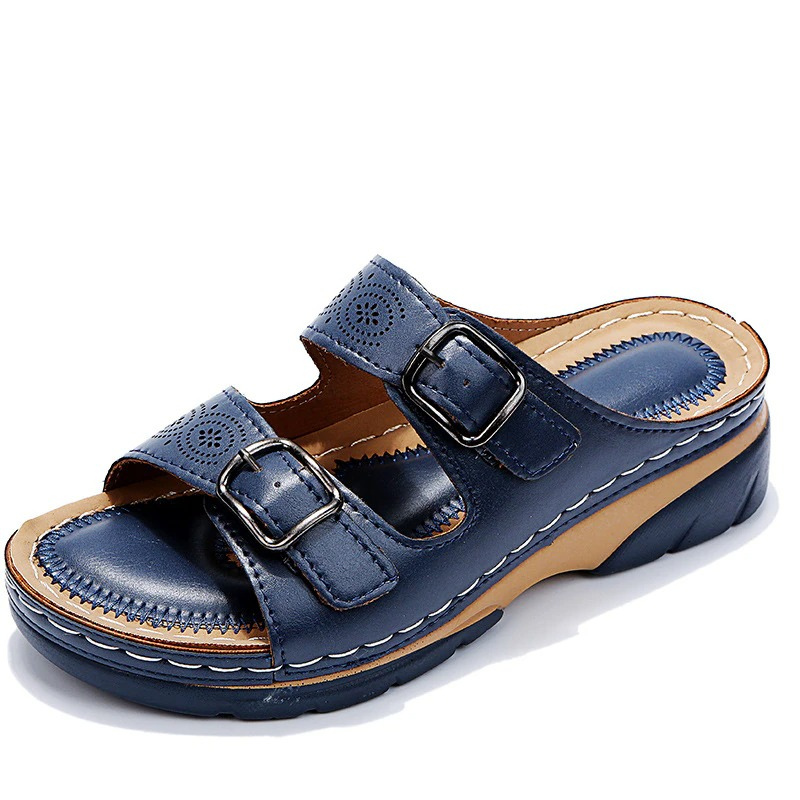 Double Buckle Strap Laser Cut Wedge Platform Slide Sandal