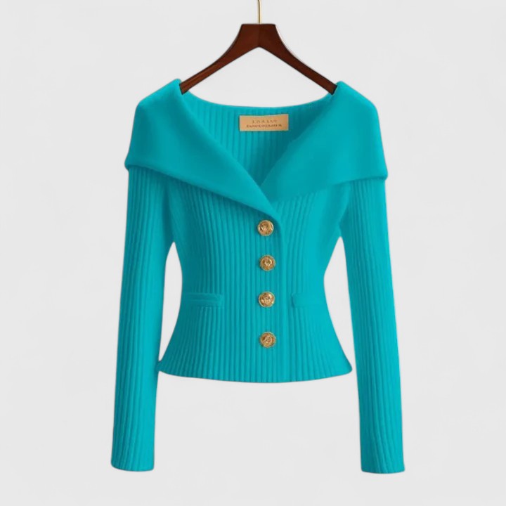 Off Shoulder Fold Collar Gold Button Fitted Ribbed Cardigan