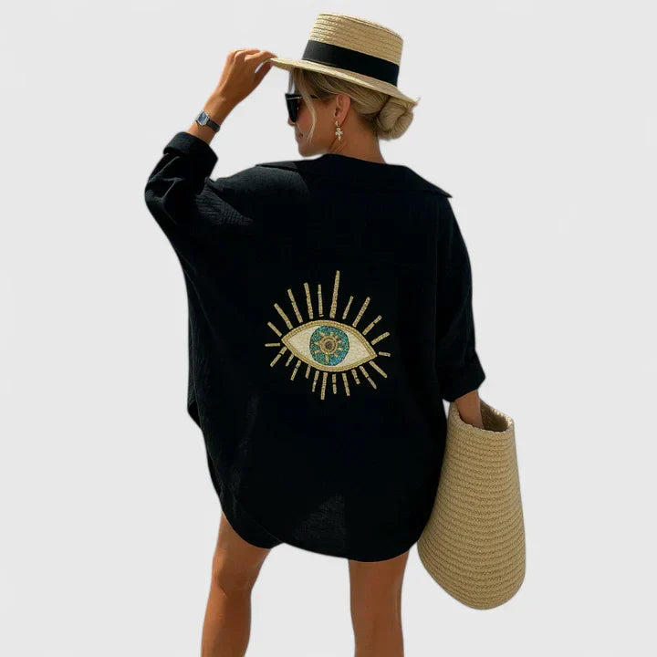 Evil Eye Embroidered Back Oversized Button Down Linen Beach Shirt