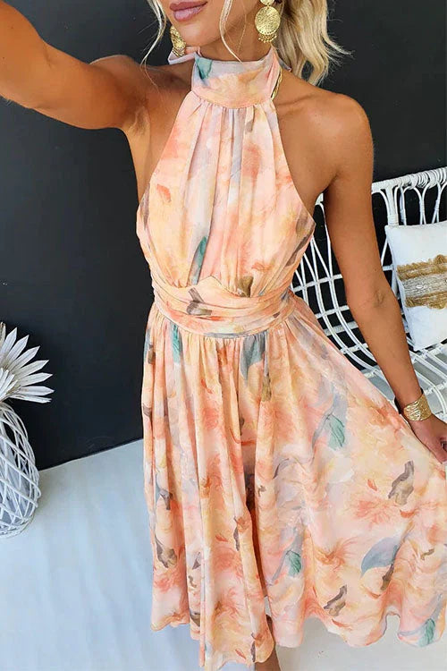 Floral Halter Neck Ruched Waist Flowy Maxi Dress