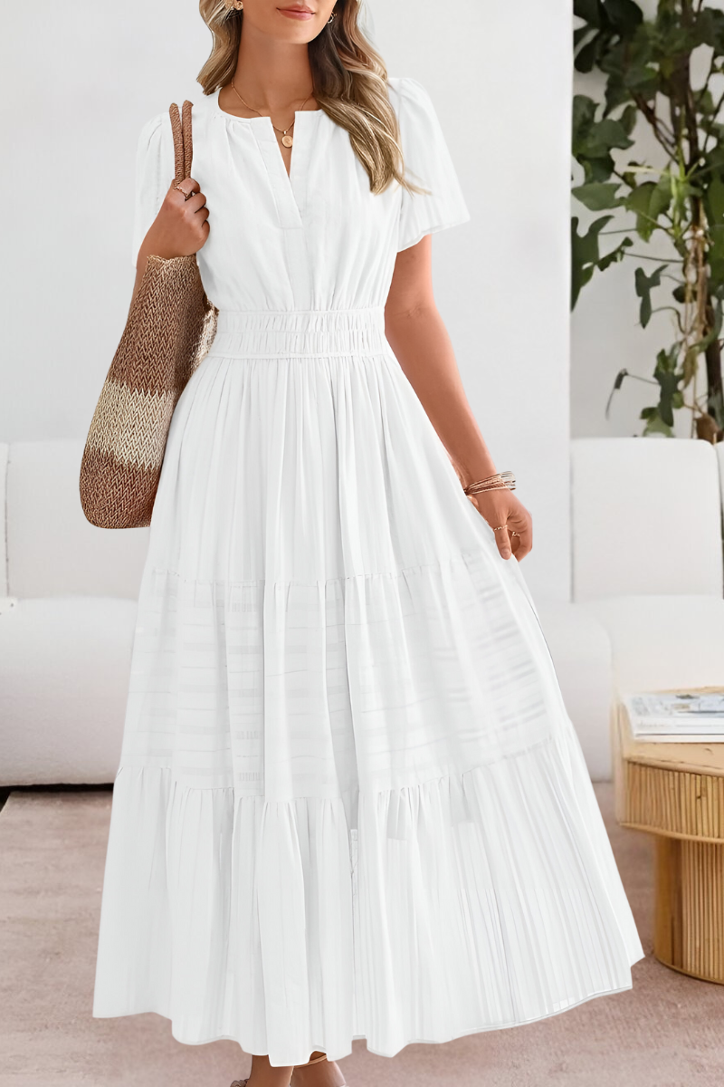Flutter Sleeve V Neck Smocked Waist Tiered Flowy Maxi Dress