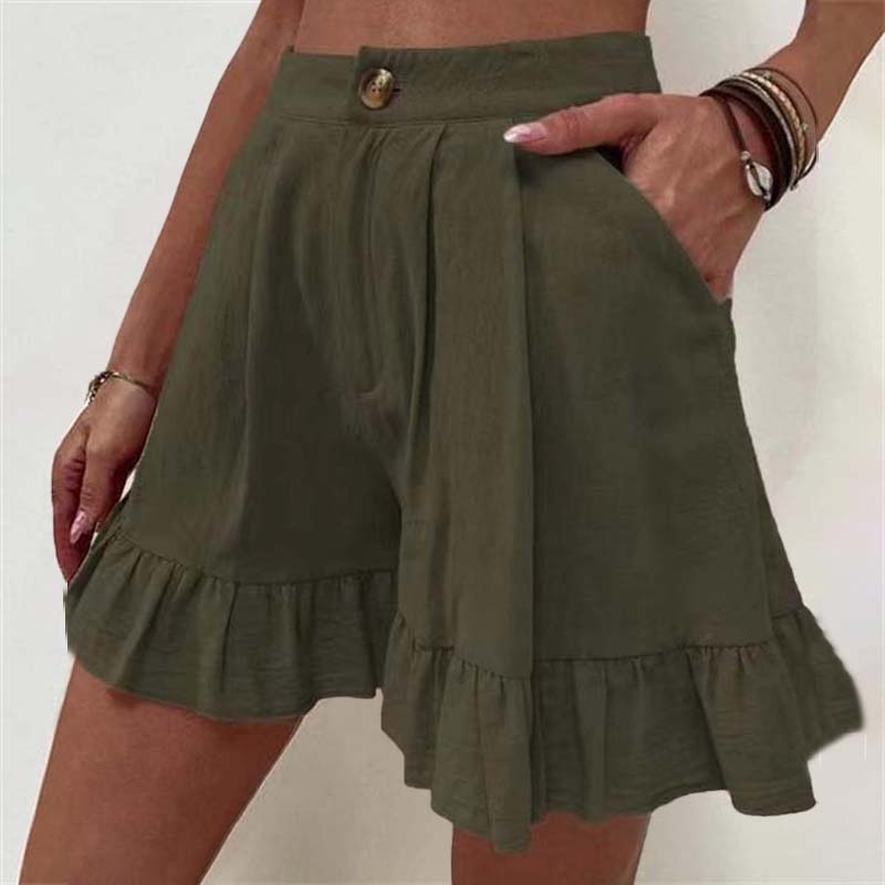 High Waist Ruffle Hem Single Button Casual Cotton Short