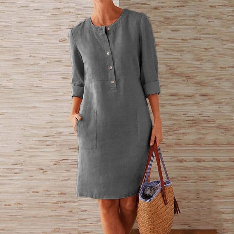 Crew Neck Half Button Roll Sleeve Patch Pocket Linen Midi Dress