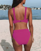 Wrap V Neck High Waist Plain Bikini Set