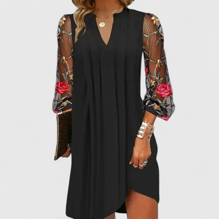 Floral Embroidered Mesh Sleeve V Neck Pleated Mini Dress