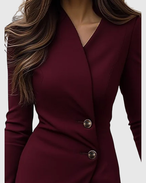 Button Detail Long Sleeve Bodycon Midi Dress - Formal
