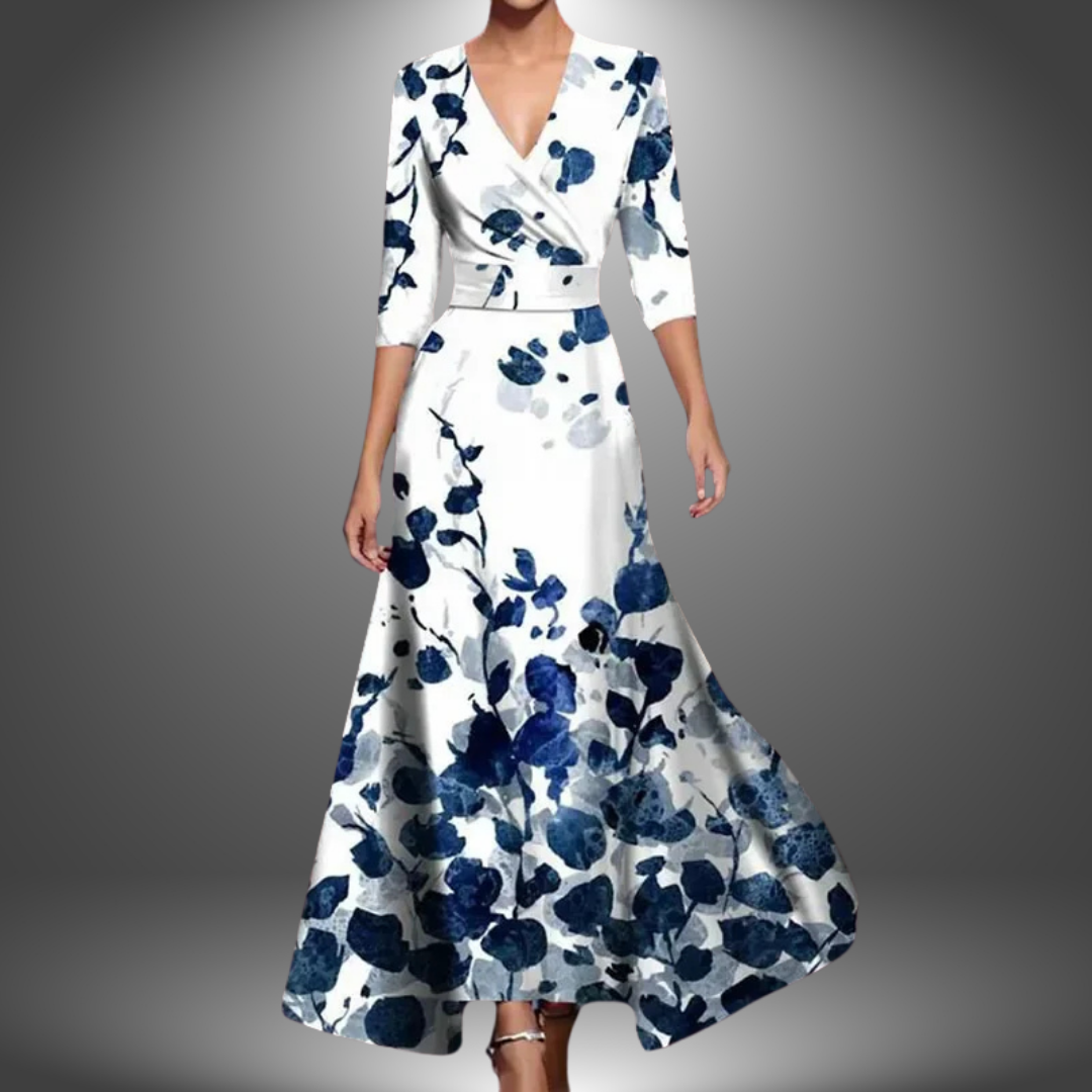 Bold Floral Wrap V Neck Satin Flowy Maxi Dress