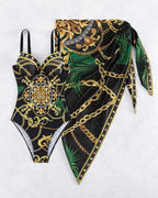 Baroque Chain Print Jewel Detail Swimsuit Wrap Skirt Set
