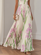Floral Pleated Square Neck Sleeveless Maxi Dress - Wedding Guest