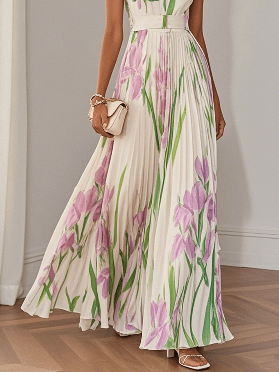Floral Pleated Square Neck Sleeveless Maxi Dress - Wedding Guest