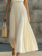 Crew Neck Ribbed Knit Bodice Pleated Skirt Sleeveless Maxi Dress - Wedding Guest