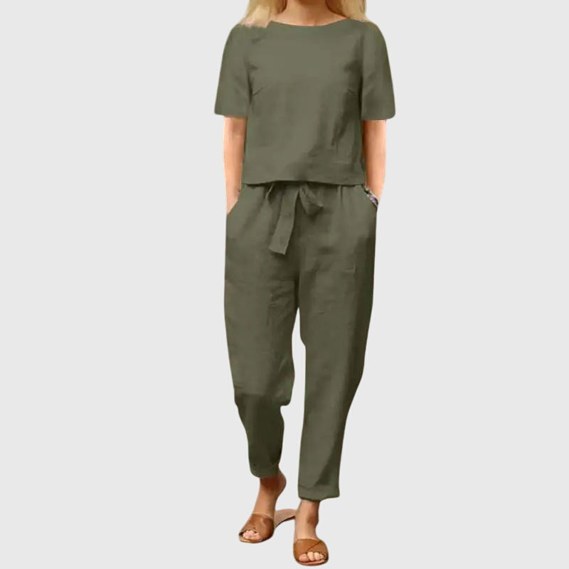 Short Sleeve Crop Top Belted Trouser Linen Two Piece Set