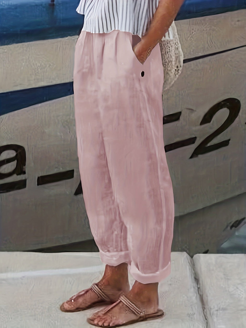 Elasticated High Waist Roll Hem Relaxed Linen Pant