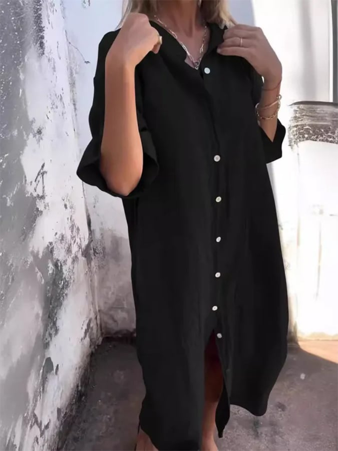 Linen Oversized Button Down Pocket Casual Shirt Dress