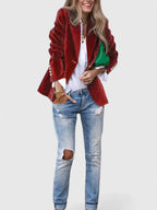 Single Button Gold Trim Velvet Notch Lapel Blazer