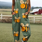 Oversized Bee Print Adjustable Strap Roll Cuff Casual Jumpsuit