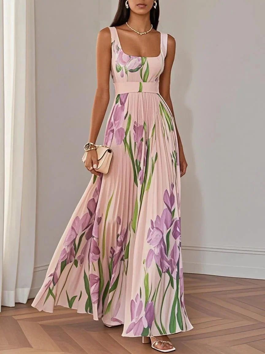 Floral Pleated Square Neck Sleeveless Maxi Dress - Wedding Guest