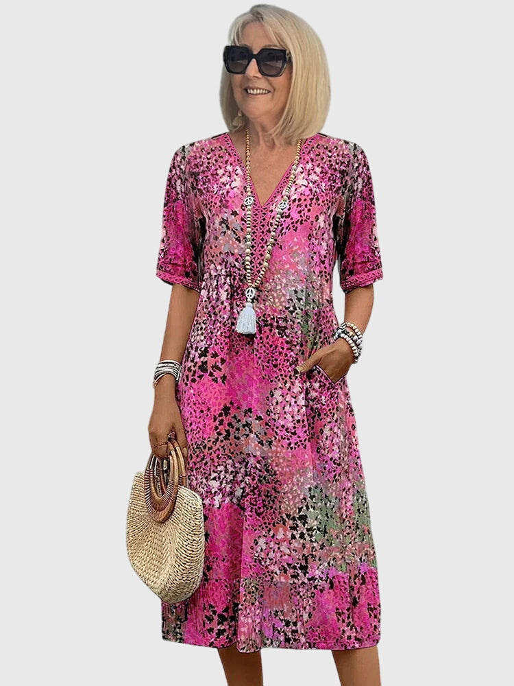 Abstract Print V-Neck Boho Summer Midi Dress
