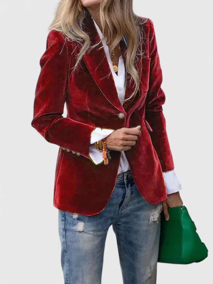 Single Button Gold Trim Velvet Notch Lapel Blazer
