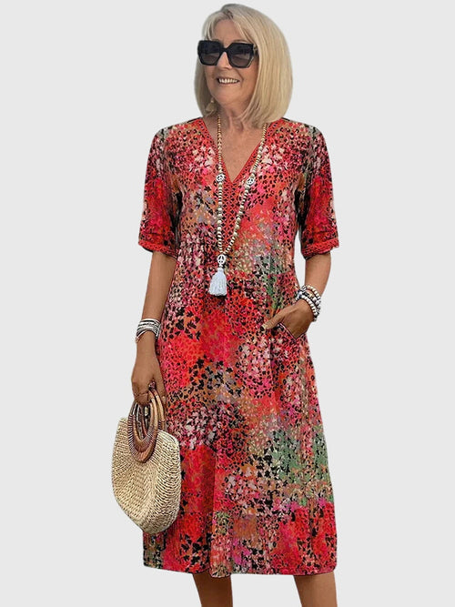 Abstract Print V-Neck Boho Summer Midi Dress