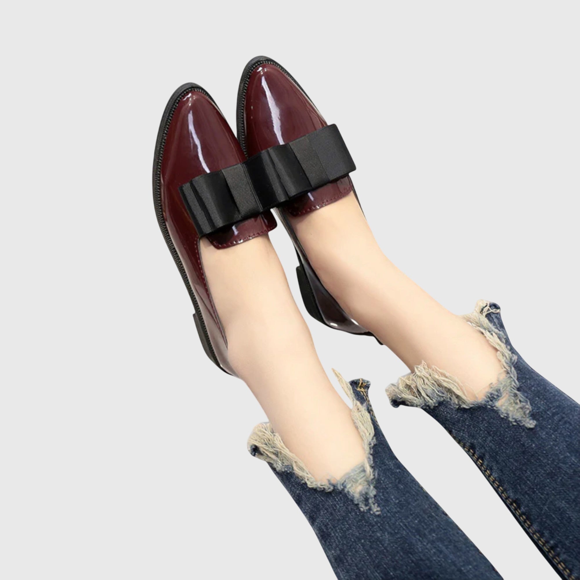 Patent Leather Contrast Bow Detail Pointed Toe Slip On Loafer