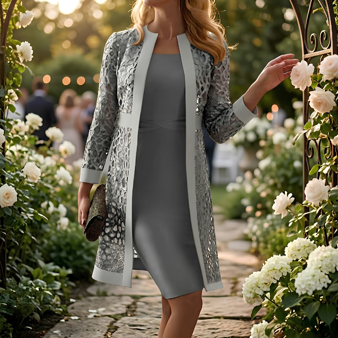 Lace Longline Jacket and Shift Dress Two Piece Set - Wedding Guest