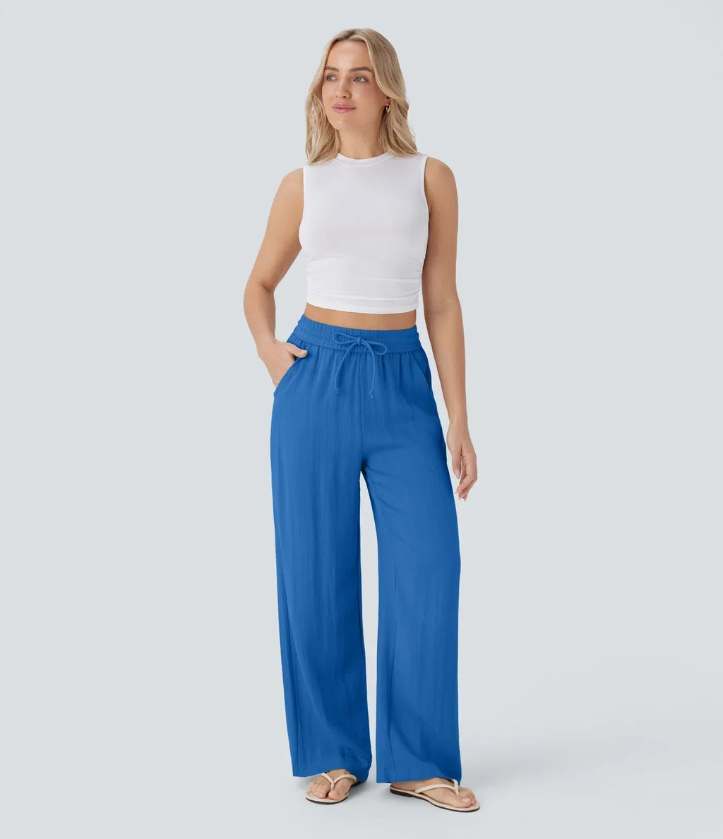 Smocked High Waist Drawstring Wide Leg Linen Pant
