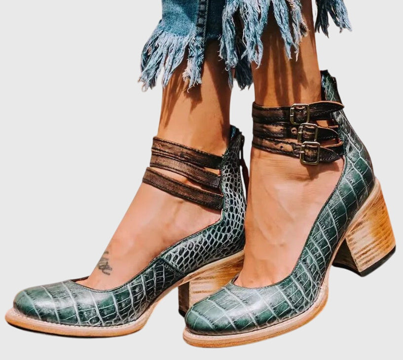 Triple Buckle Strap Distressed Leather Block Heel Boot