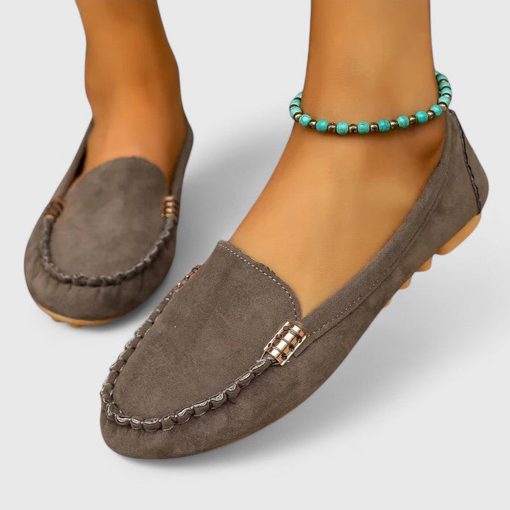 Suede Gold Bar Detail Moccasin Stitch Slip On Flat Loafer