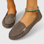 Suede Gold Bar Detail Moccasin Stitch Slip On Flat Loafer
