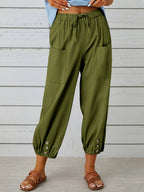 Button Cuff Patch Pocket Drawstring Capri Linen Pant