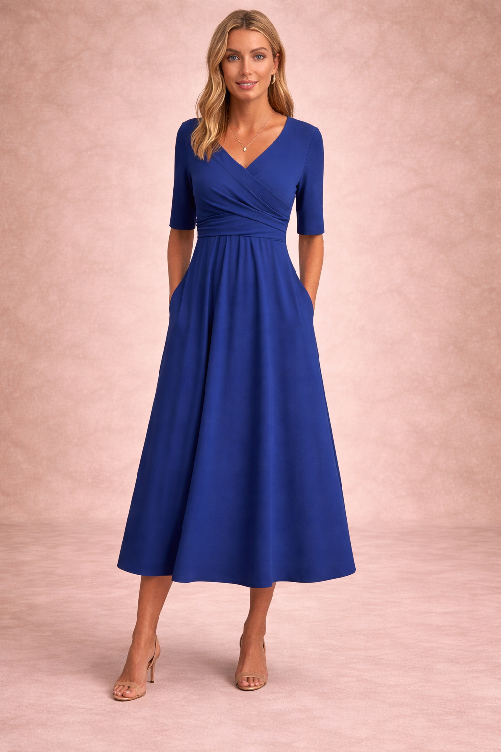 Crossover V-Neck Ruched Waist A Line Casual Midi Dress