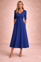 Crossover V-Neck Ruched Waist A Line Casual Midi Dress