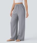 Smocked High Waist Drawstring Wide Leg Linen Pant