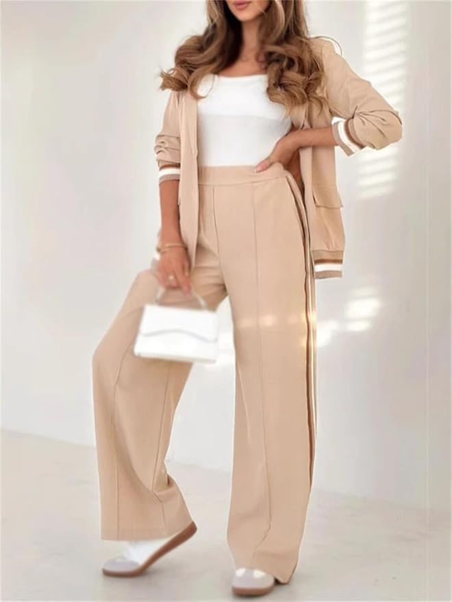Stripe Trim Single Button Blazer and Wide Leg Pant Set