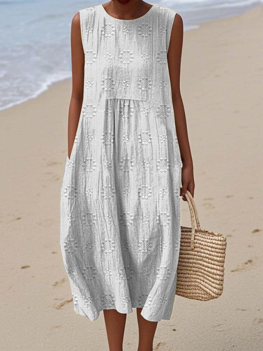 Embroidered Dot Sleeveless Smock Casual Midi Dress
